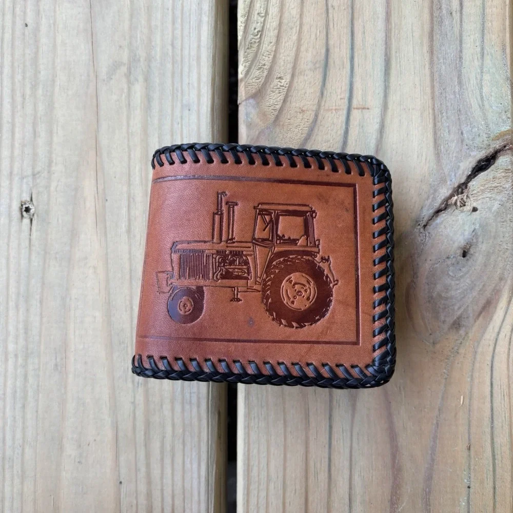 Vintage Leather Wallet Whipstitch Bifold Hand Tooled USA Made Tractor Farmer